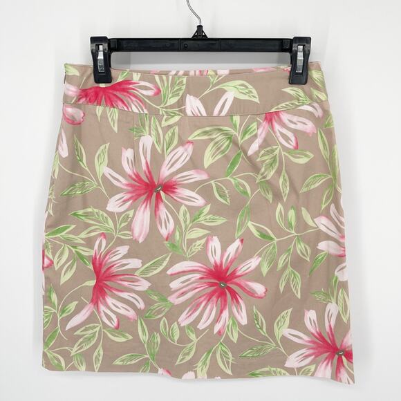 Talbots Skirt Womens Sz 8P Tan Pink Green Tropical Floral Cotton Blend Stretch - Picture 4 of 6